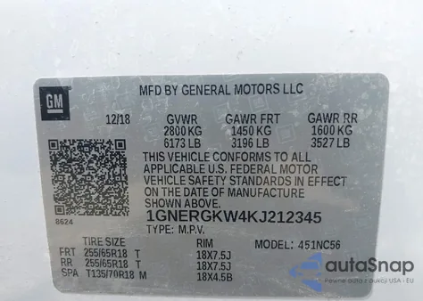 2019 Chevrolet Traverse 1Lt from USA, damaged, VIN 1GNERGKW4KJ212345